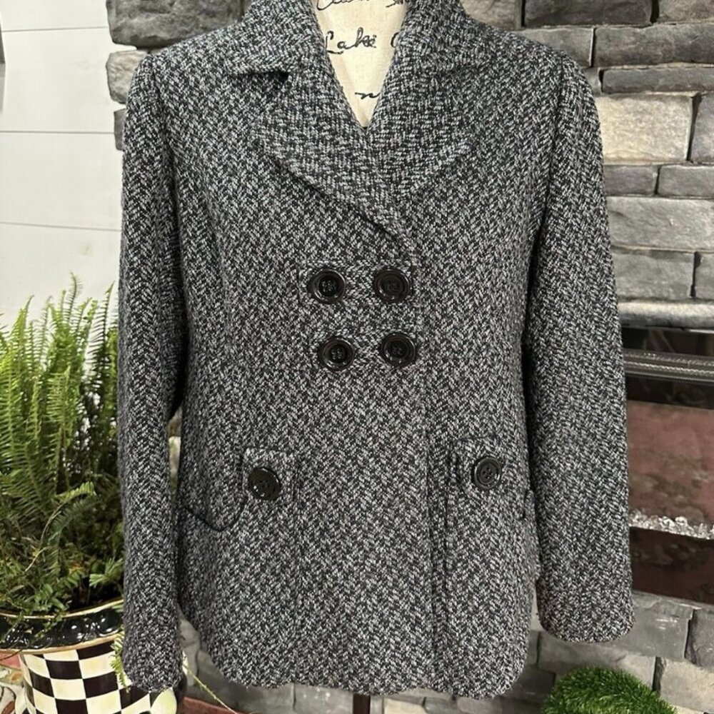 Black/Grey Herringbone GARFIELD & MARKS Wool Blend Tweed Winter Coat, Si…